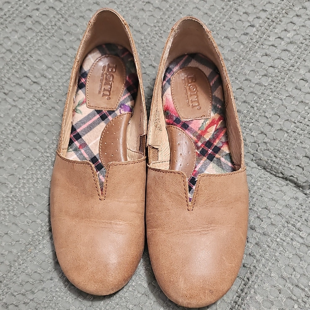 Born Women’s Brown Leather Slip-On Loafers with Plaid Insole